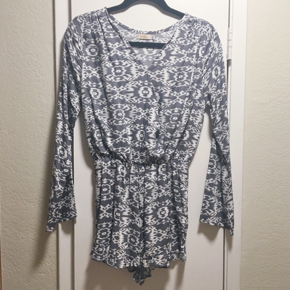 Grey and white ikat romper